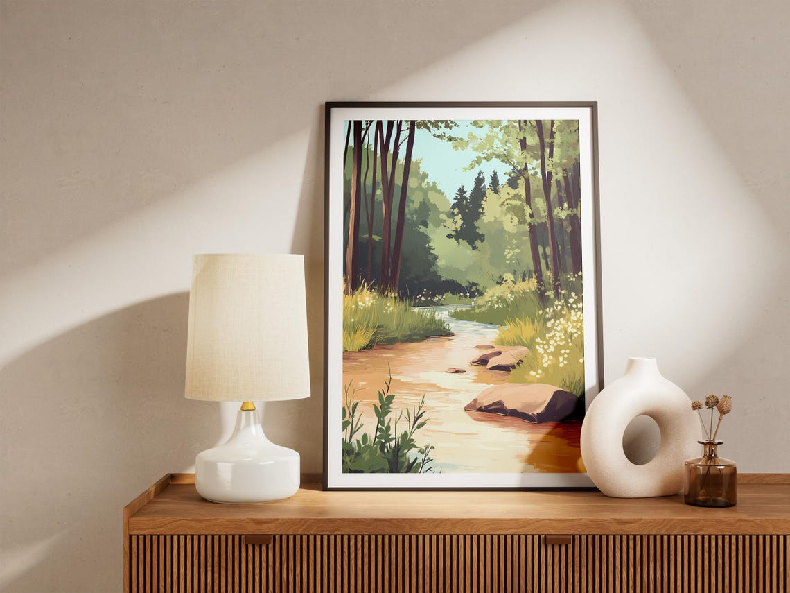 Sunlit Forest Stream Warm Water Tall Trees Wildflowers Nature Poster - Image 5