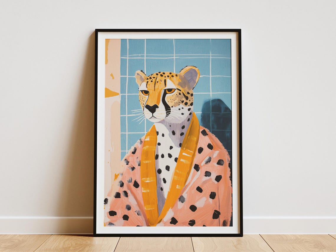 Cheetah in Coral Bathrobe Blue Tile Bathroom Whimsical Animal Poster