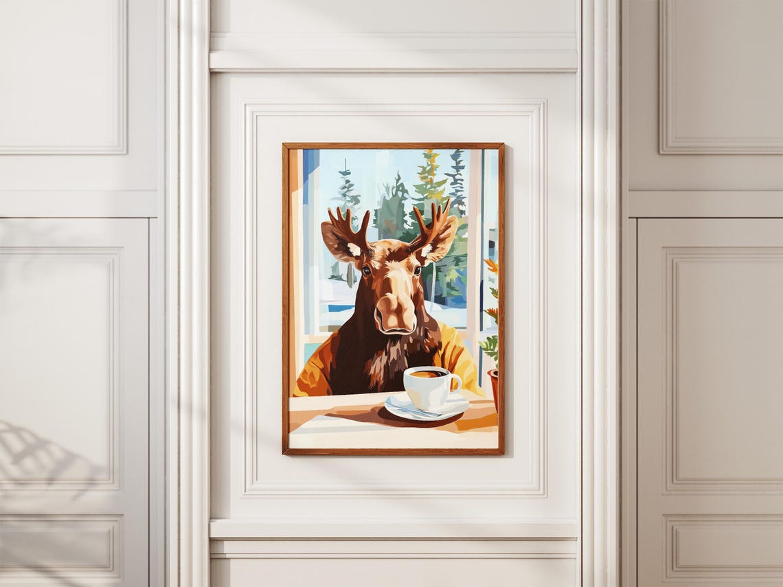 Moose Cafe Art Print Coffee Lover Gift Animal Poster Whimsical Wall Home Decor Funny Illustration Shop - Image 2