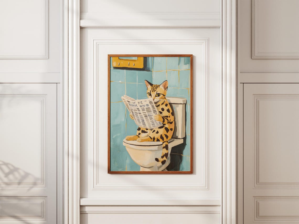 Funny Spotted Cat Reading Newspaper on Toilet Bathroom Poster - Image 2