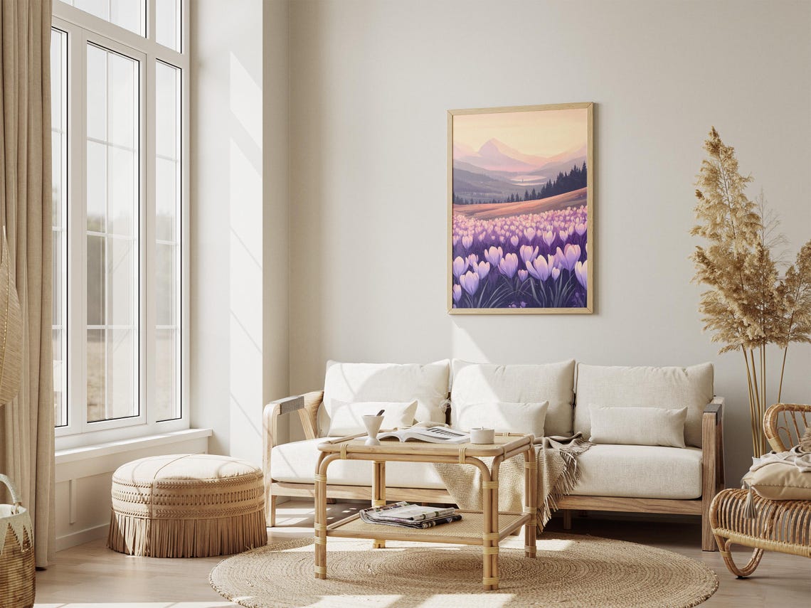 Purple Crocus Field at Sunrise with Misty Mountain Valley Poster - Image 4