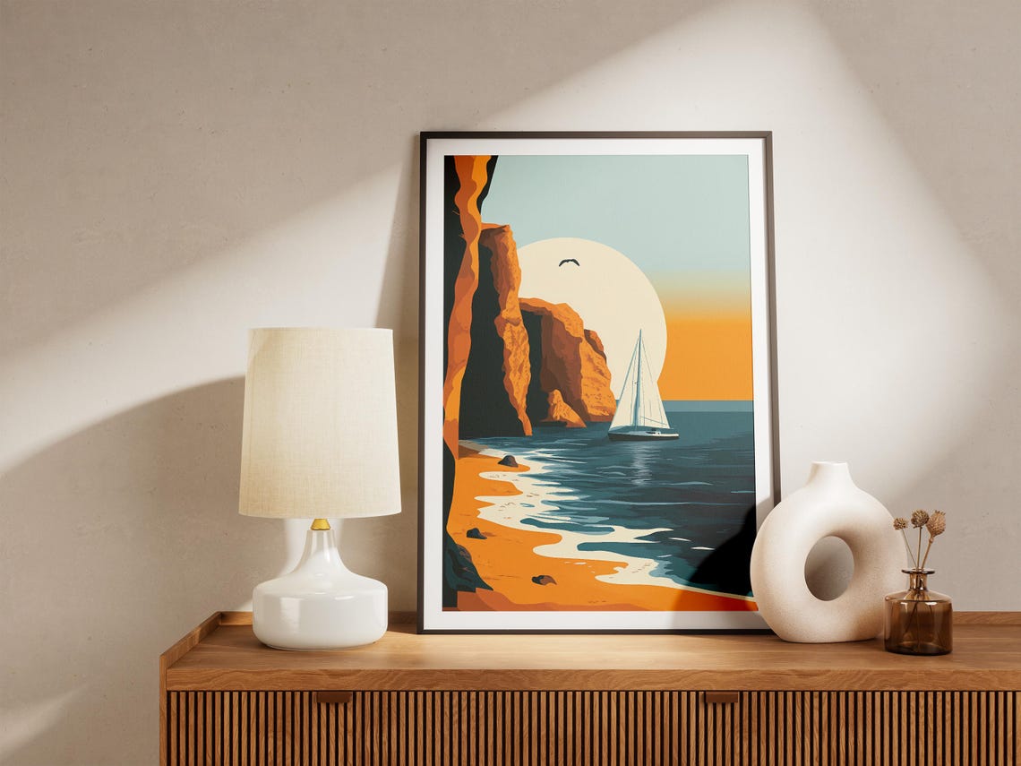 Sunset Sailboat Beside Glowing Orange Sea Cliffs Poster Scenic - Image 5