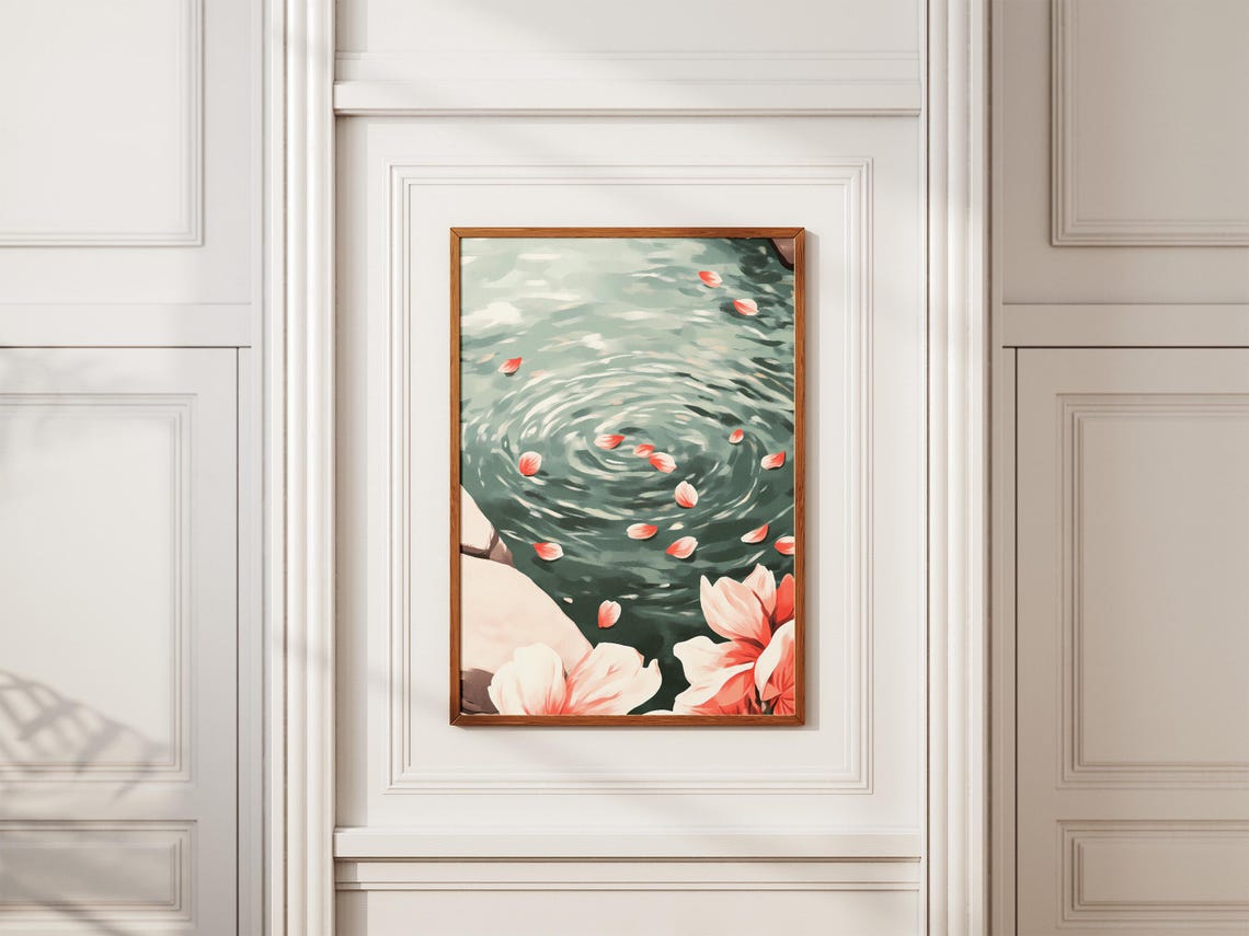 Cherry Blossom Petals Floating on Water Ripple Serene Floral Poster - Image 2