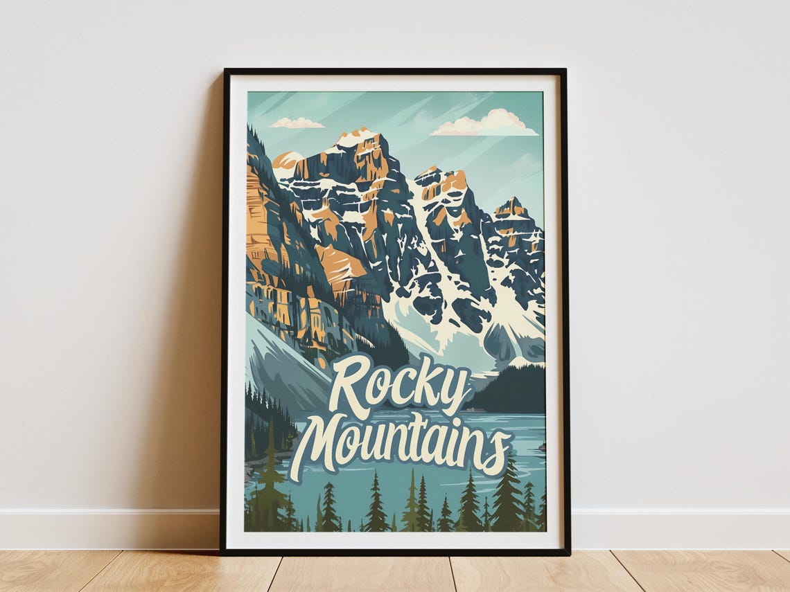 Rocky Mountains Turquoise Lake Pines Snowy Vintage Scenic Poster