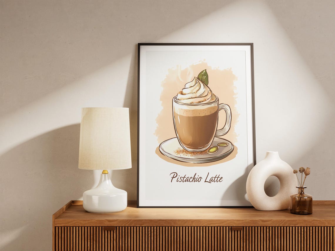 Pistachio Latte Whipped Cream Coffee Shop Cafe Illustration Poster - Image 5