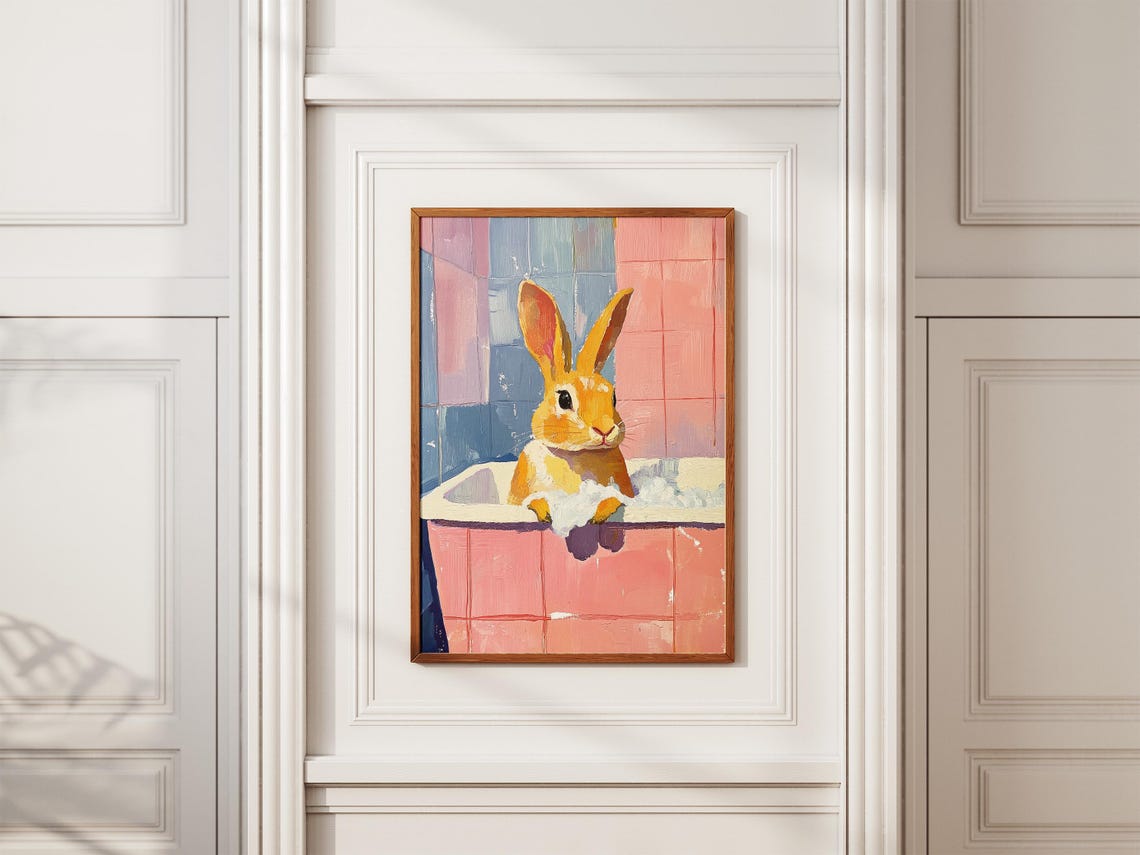 Cheerful Orange Rabbit Soaking In Pink Bubble Bath Bathroom Poster - Image 2