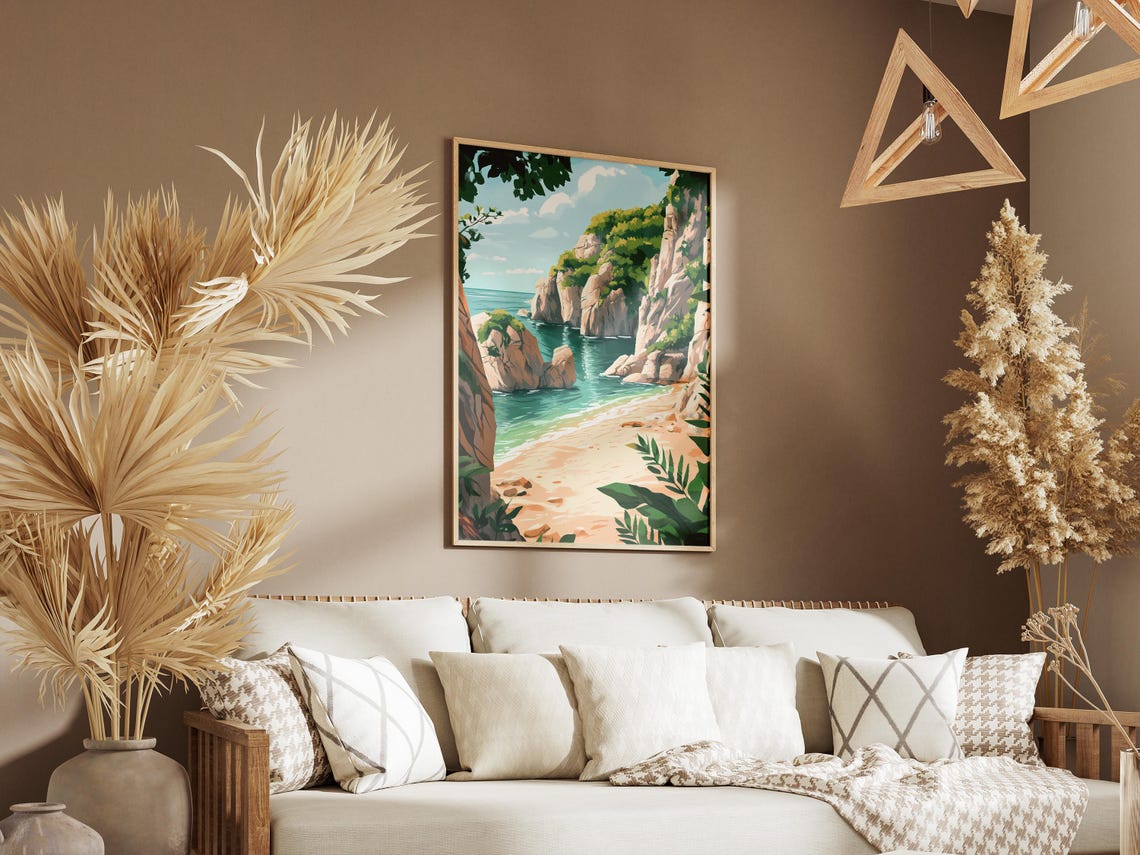 Secluded Tropical Beach Cove Beneath Lush Green Cliffs Poster - Image 3