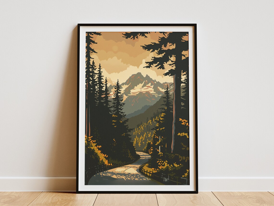 Olympic National Park Mountain Road Sunset Forest Vintage Travel Poster