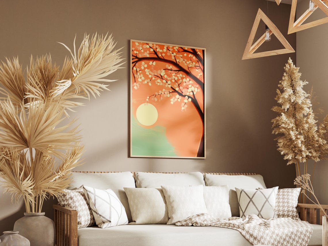 Blossom Branches with Rising Sun in a Peach Sky Abstract Art Poster - Image 3