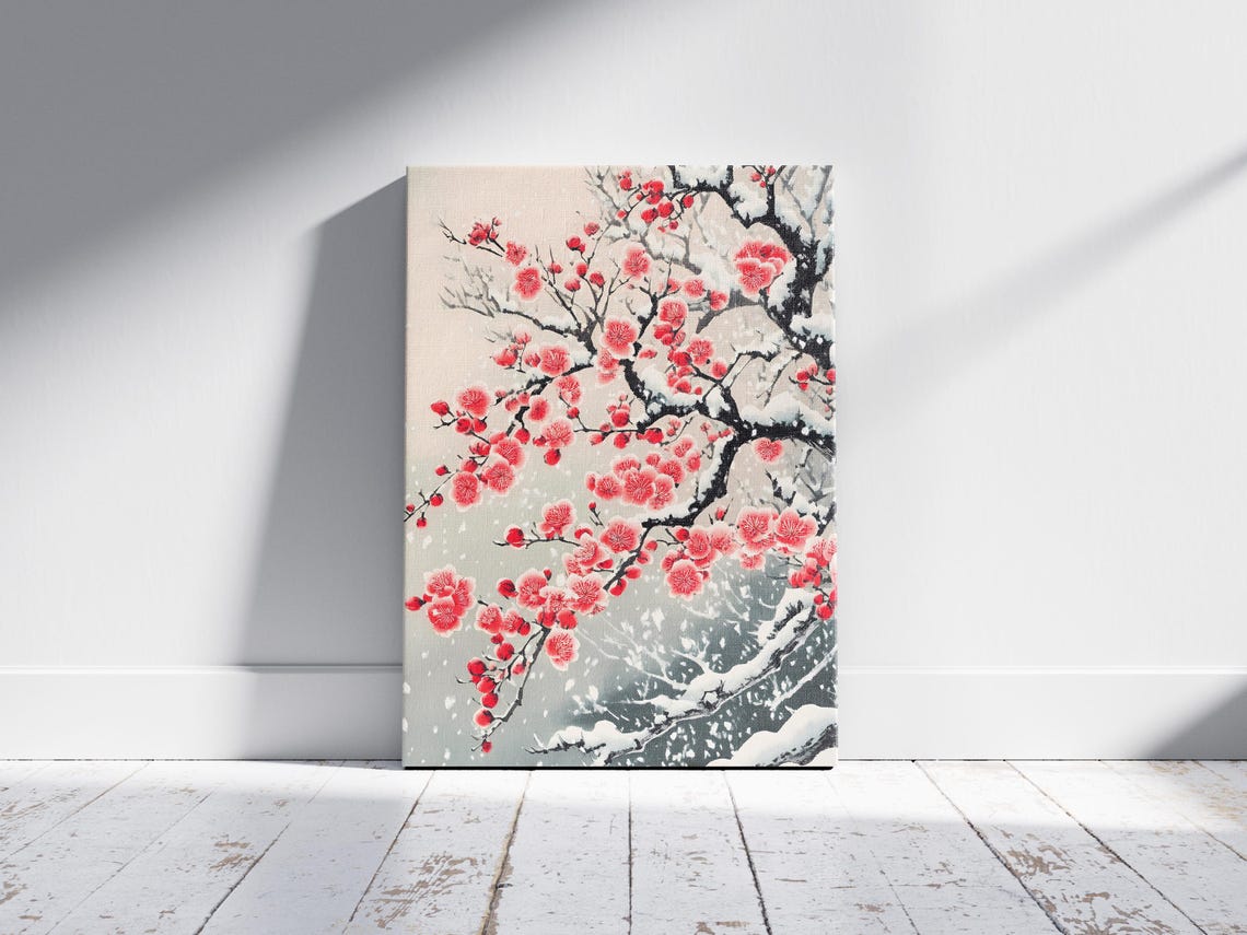 Red Plum Blossoms Snow Covered Branch Japanese Style Winter Art Poster - Image 2