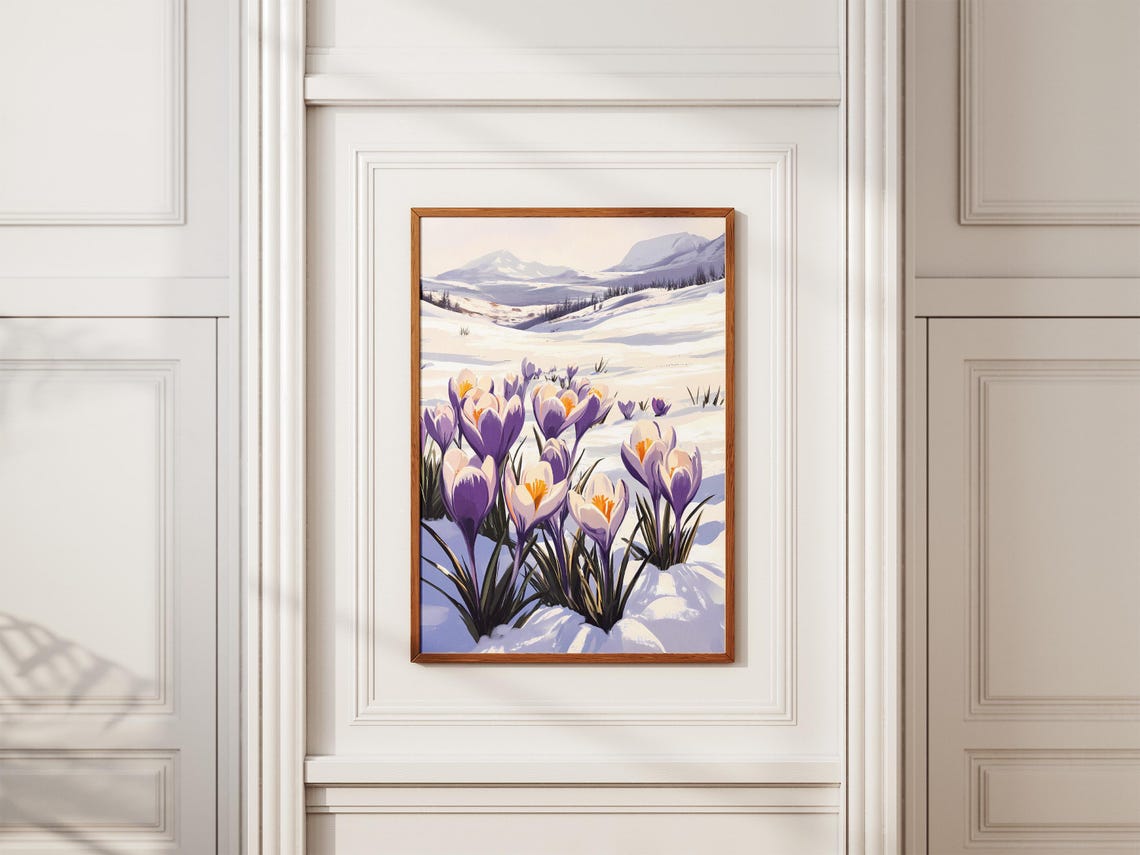 Close-Up Purple Crocus Blooms in Snow With Mountain Peaks Art Poster - Image 2