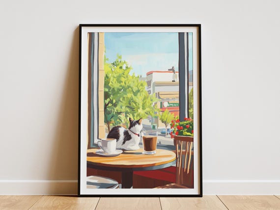 Cat Cafe Art Print, Matisse-Style Coffee Shop Poster