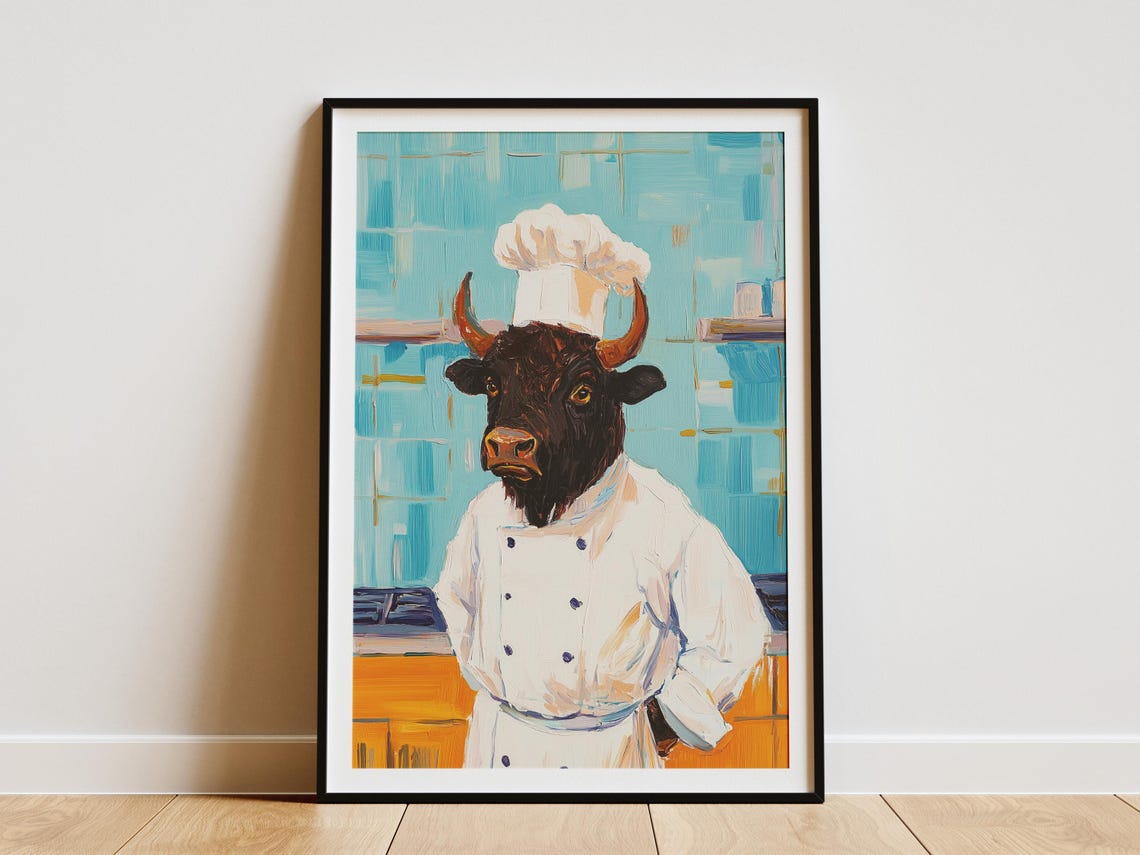 Bison Chef Whimsical Animal Portrait Teal Kitchen Scene Poster