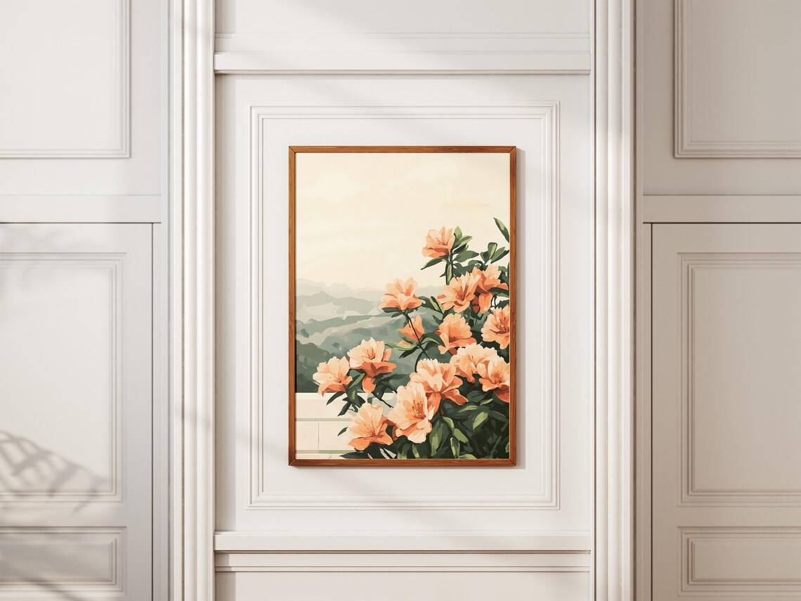 Peach Azalea Blossoms Overlooking Misty Green Hills Floral Poster - Image 2