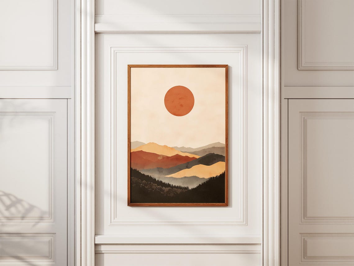 Abstract Terracotta Mountain Layers Under A Red Sun Wall Art - Image 2