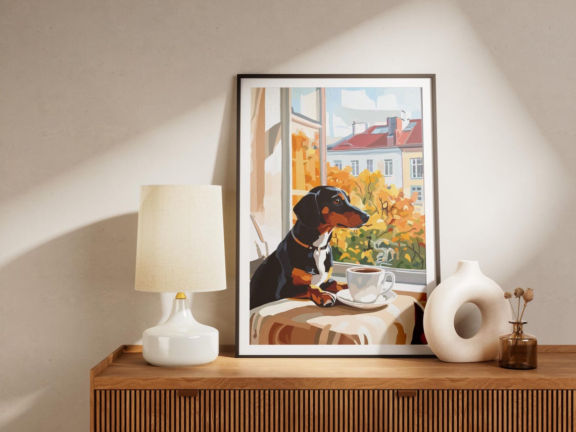 Dachshund Gazing Out of Autumn Window with Coffee Cup Poster - Image 4