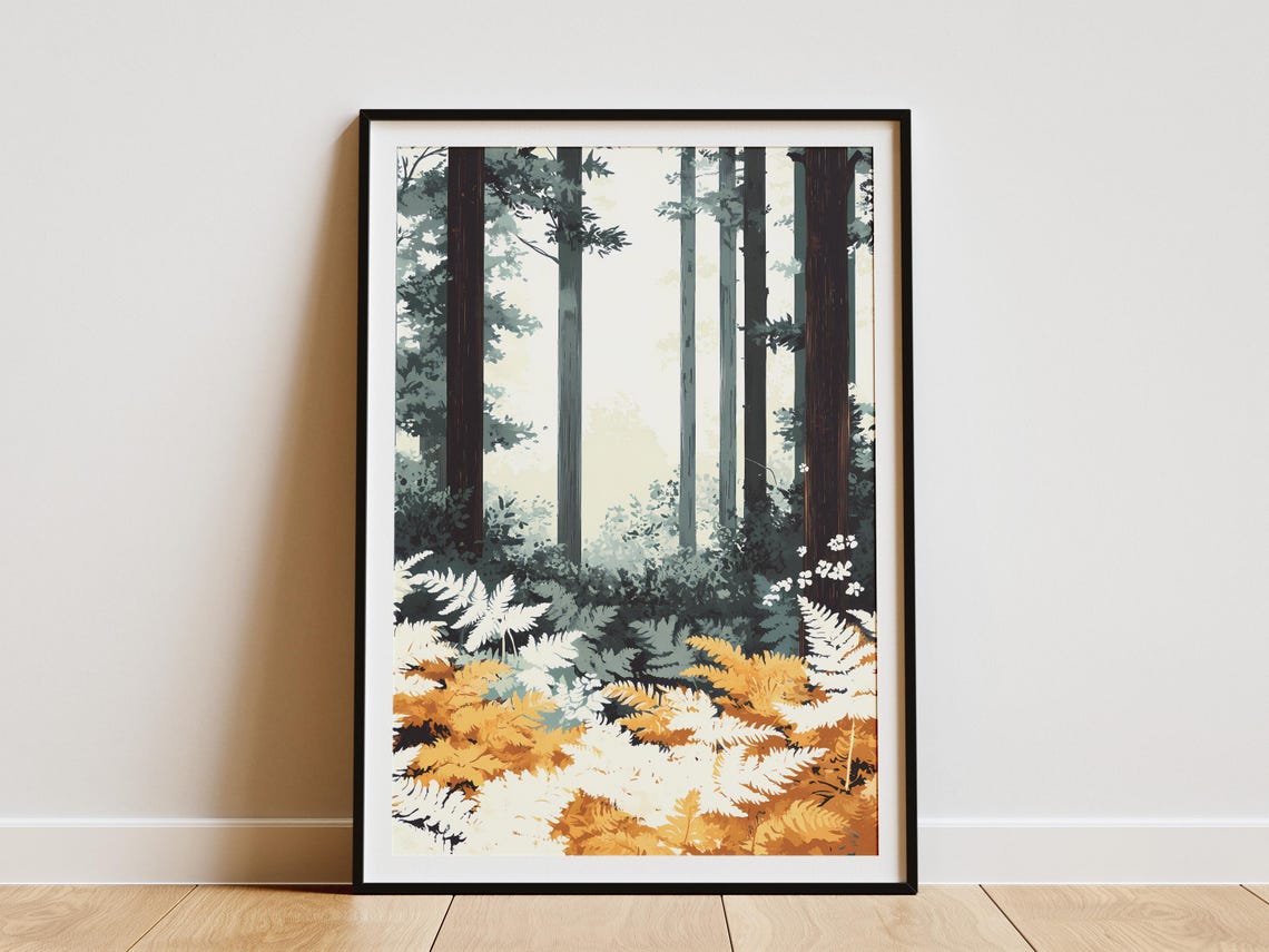 Misty Pine Forest With Golden Ferns Botanical Nature Art Poster
