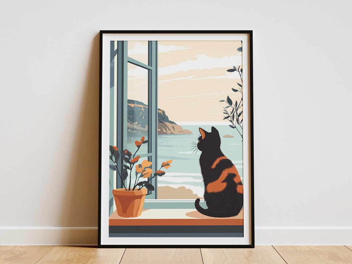 Tortoiseshell Cat Gazing Out Coastal Window Illustration Poster