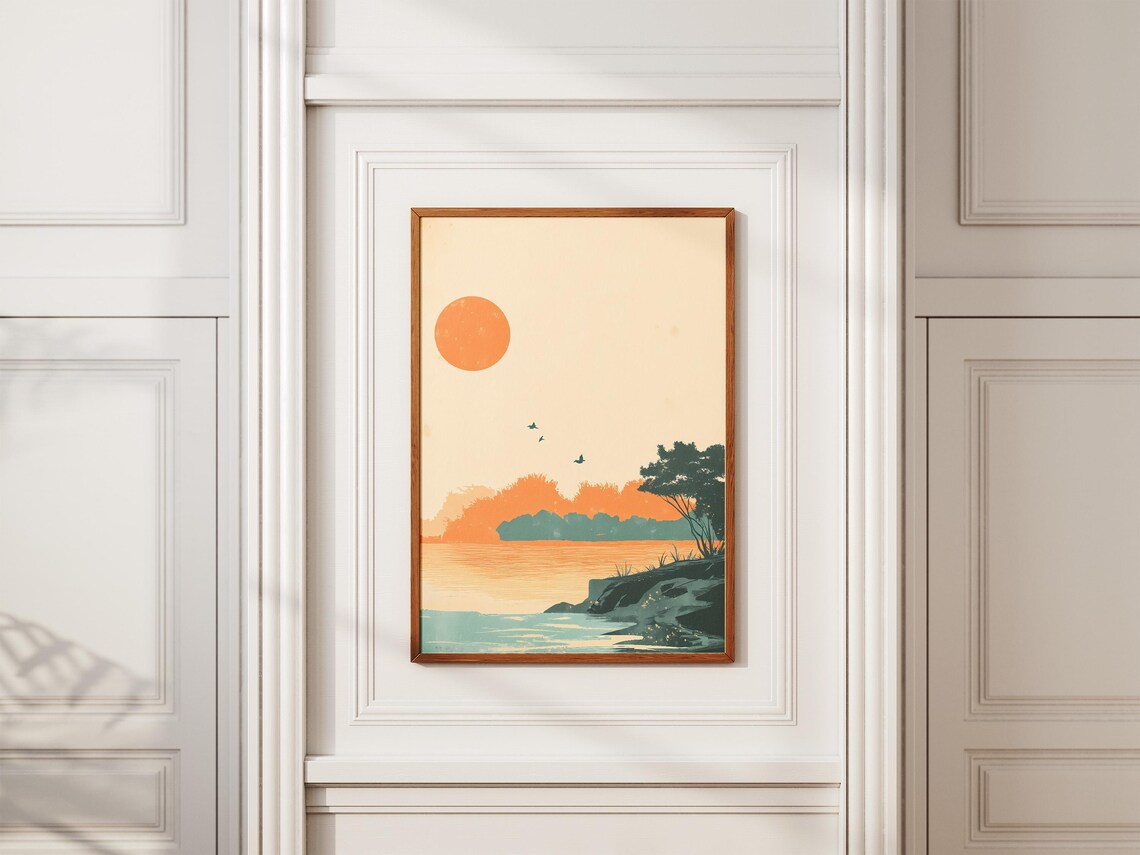 Minimalist Sunset Over Water with Birds Silhouette Art Poster - Image 2