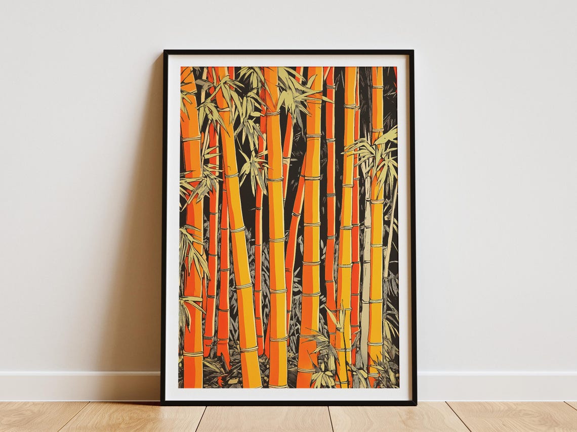 Golden Bamboo Stalks Black Background Botanical Illustration Poster