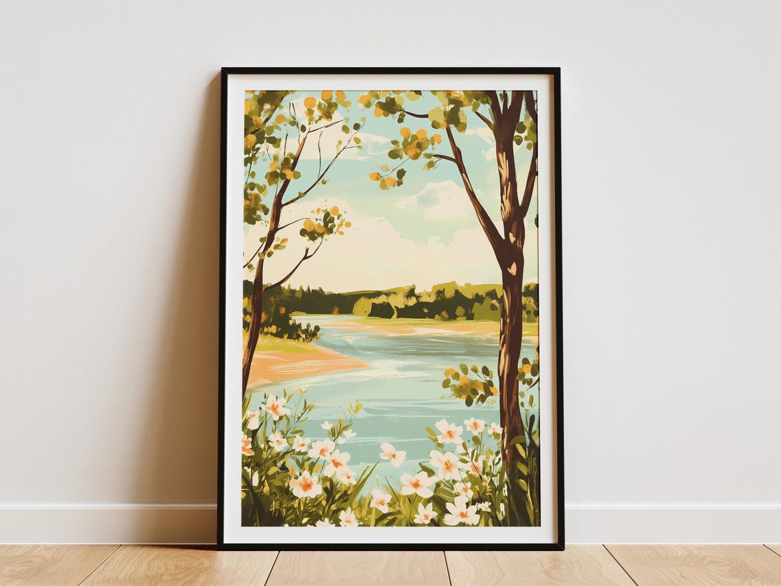 River Bend Lined With White Wildflowers And Golden Trees Poster