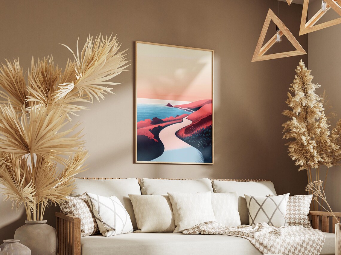 Winding Coastal Road Through Pink Sunset Hills to the Sea Poster - Image 3