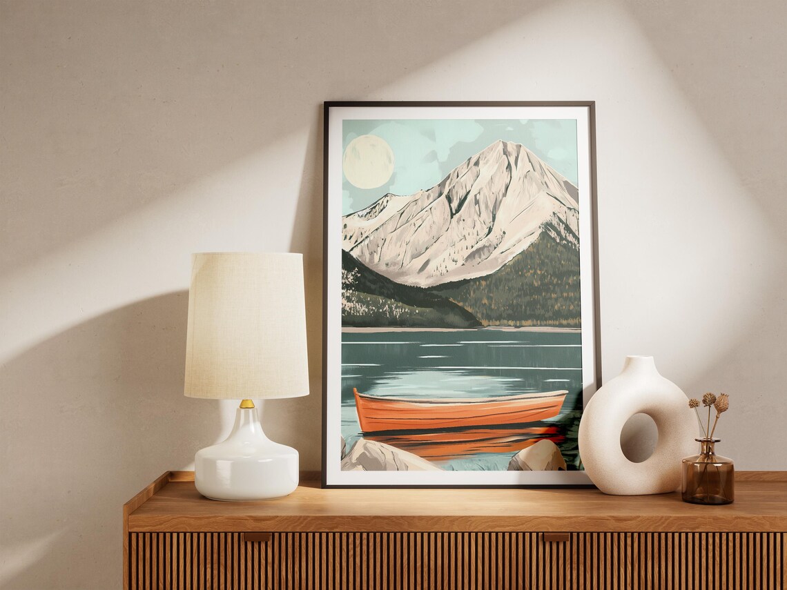 Orange Rowboat on Calm Mountain Lake Pale Moon Evening Poster - Image 5