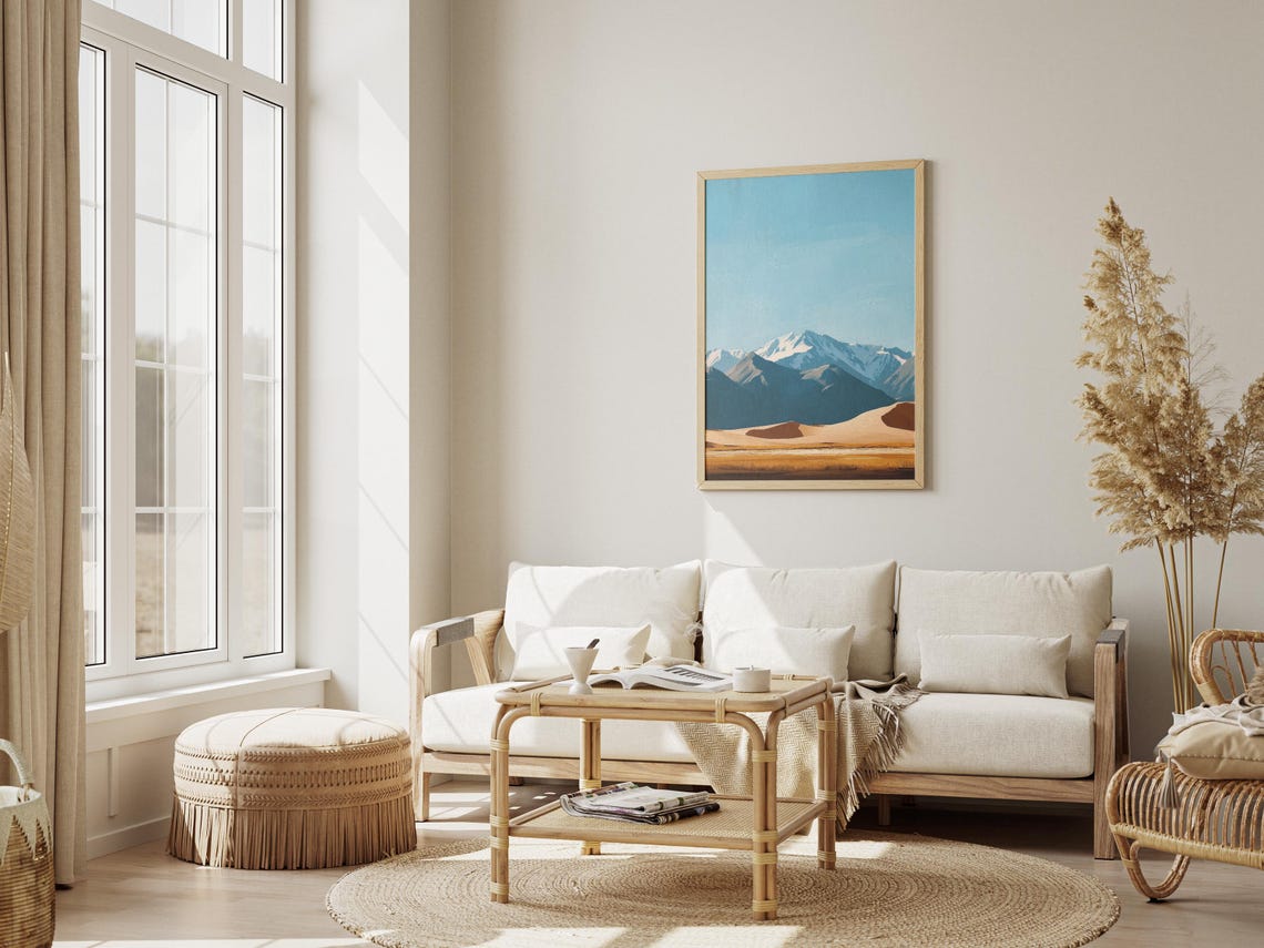 Sand Dunes Before Snow Capped Mountain Peaks Blue Sky Poster - Image 3