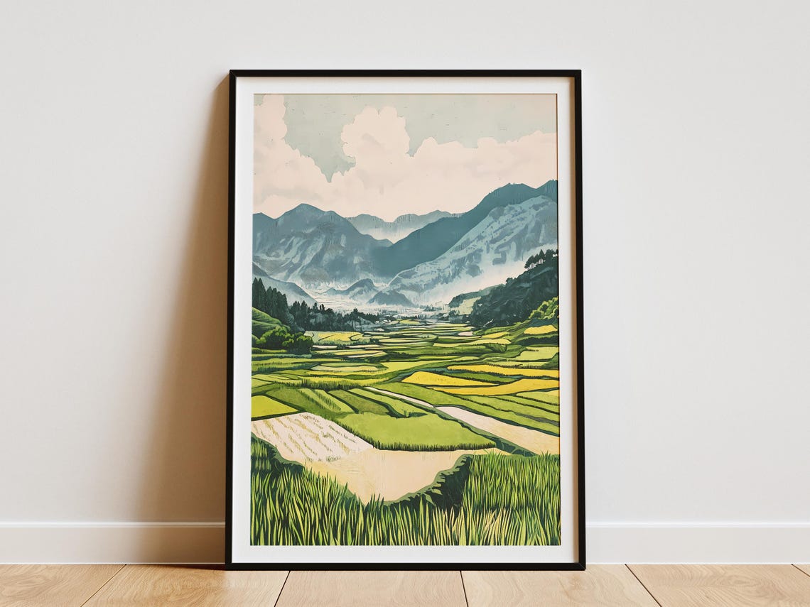 Rice Terraces Valley Pink Clouds Japanese Landscape Art Poster