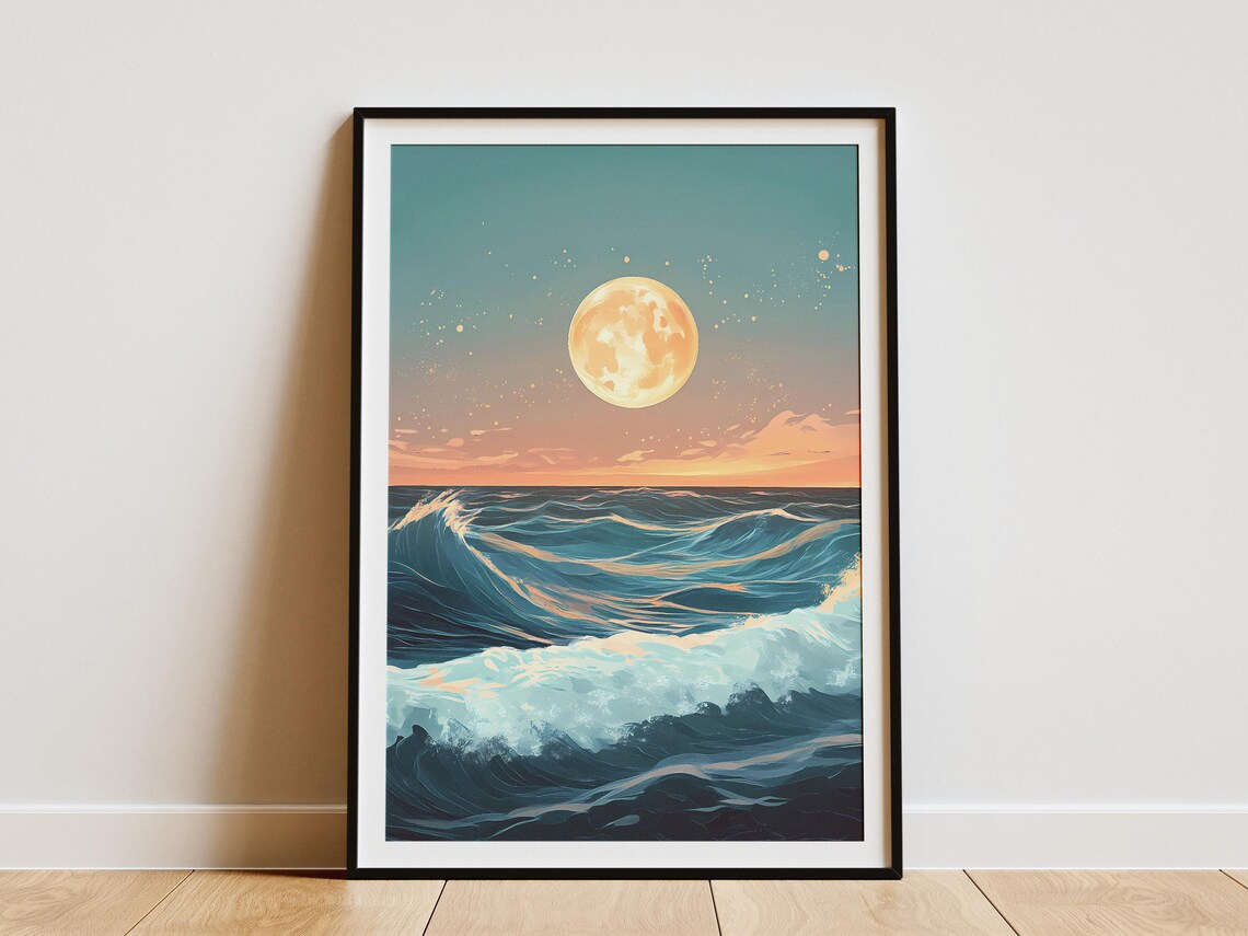 Full Moon Over Ocean Waves Poster Night Coastal Art For Home Decor