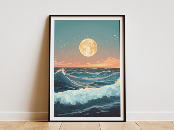 Full Moon Over Ocean Waves Poster Night Coastal Art For Home Decor