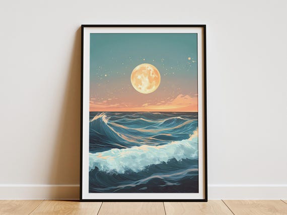 Ocean Wave Poster Moonlight Sea Print Coastal Wall Art Beach Decor Modern Painting Blue And Teal Calm Night Sky Moon Abstract