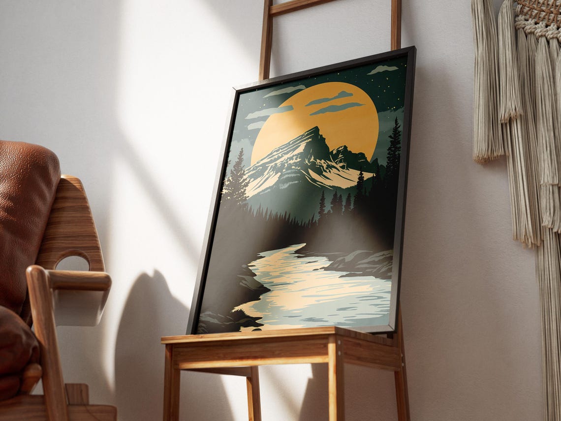 Banff National Park Giant Moon Over Mountain And River Night Poster - Image 3