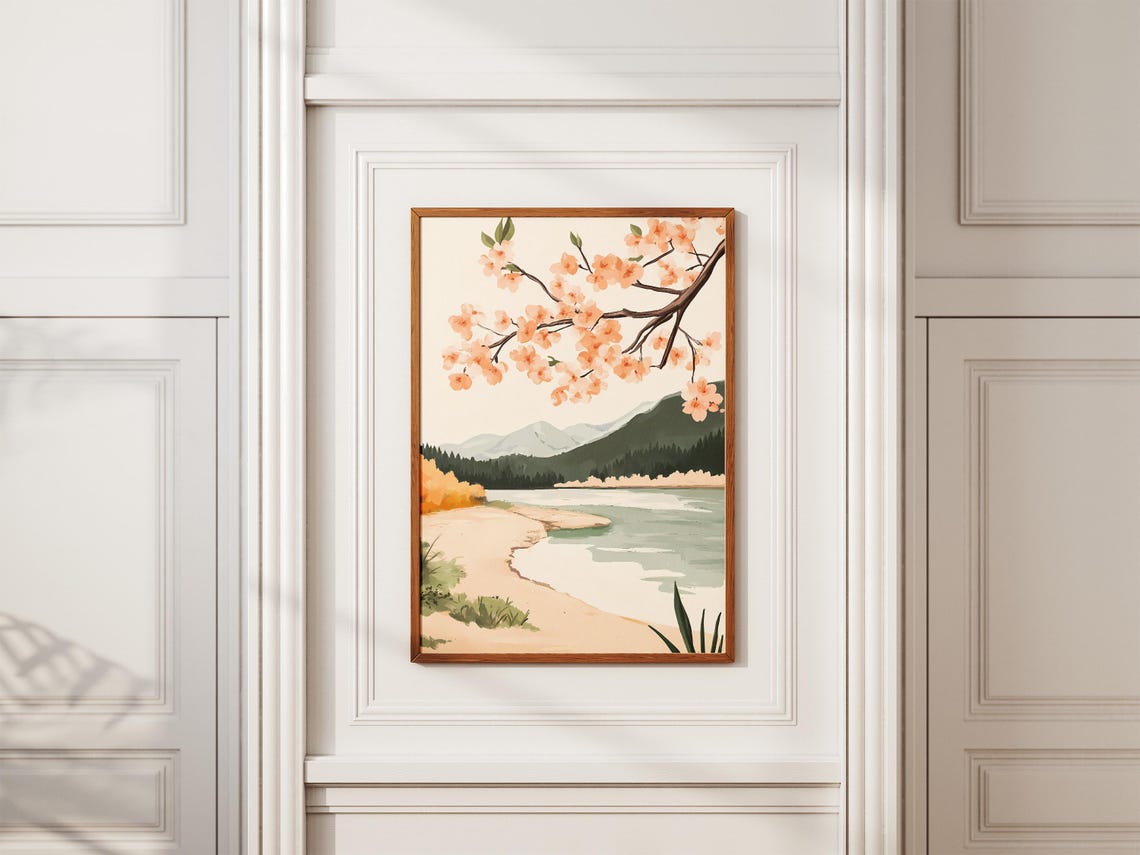 Cherry Blossom Branch Over Mountain Lake Landscape Art Poster - Image 2