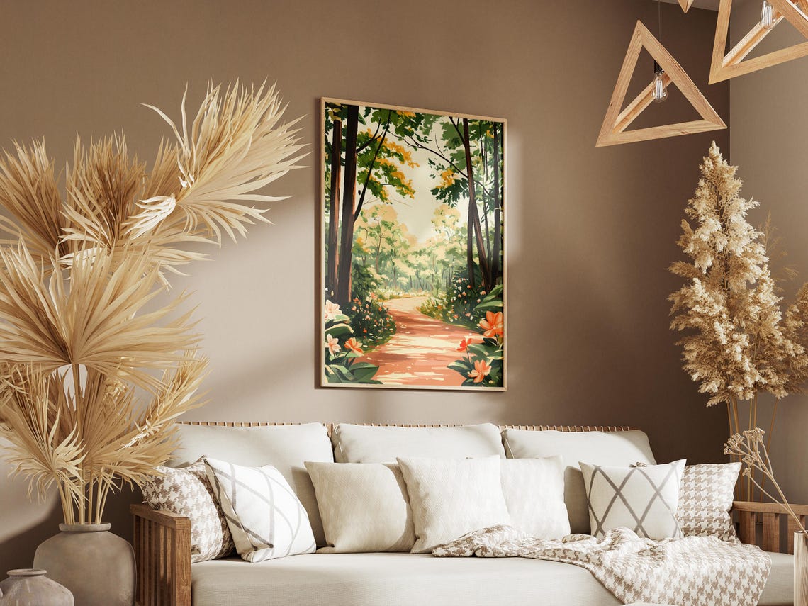 Sunlit Forest Path Lined With Orange Blossoms And Leaves Poster - Image 3