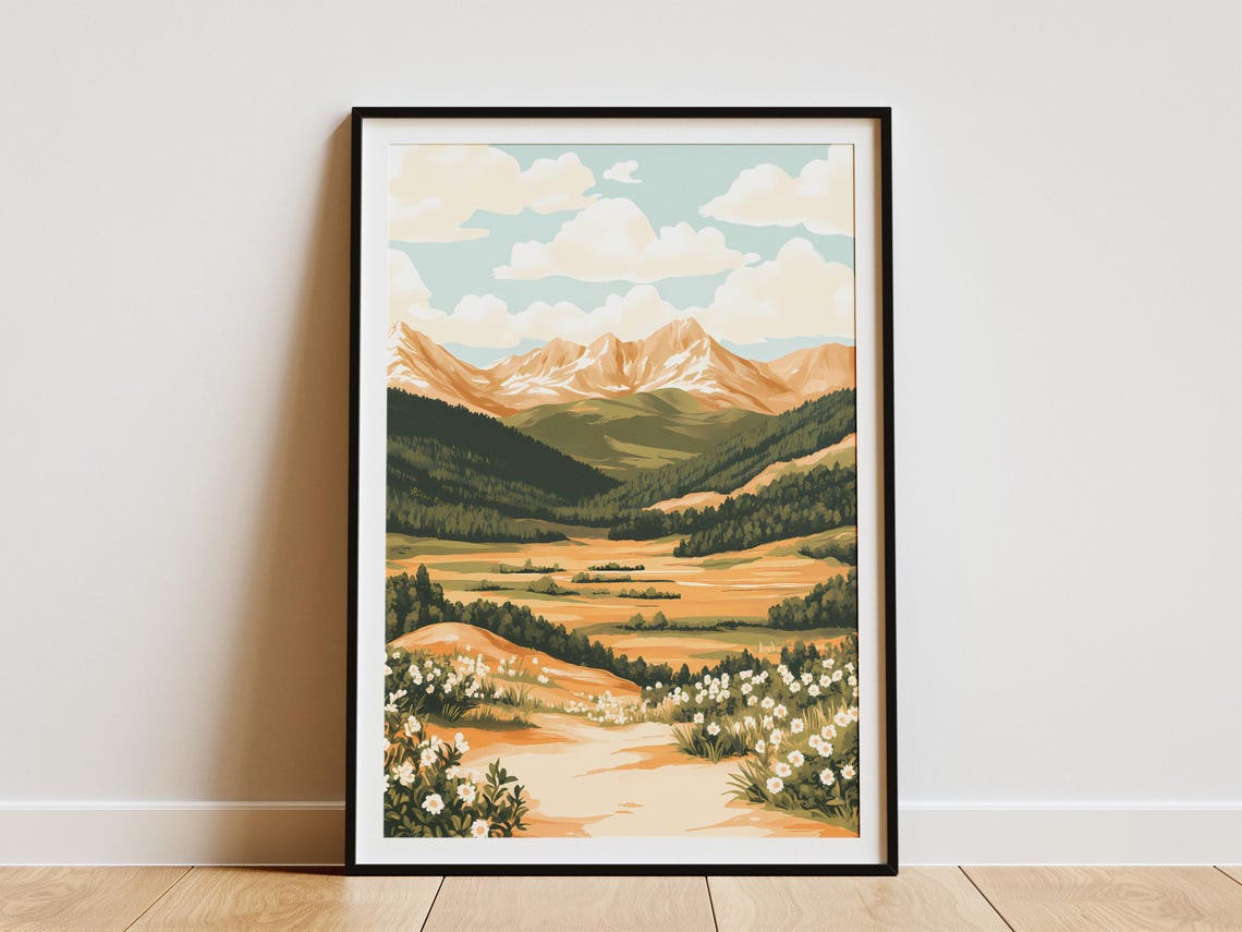 Snow-Capped Mountain Valley with a Wildflower-Lined Path Poster