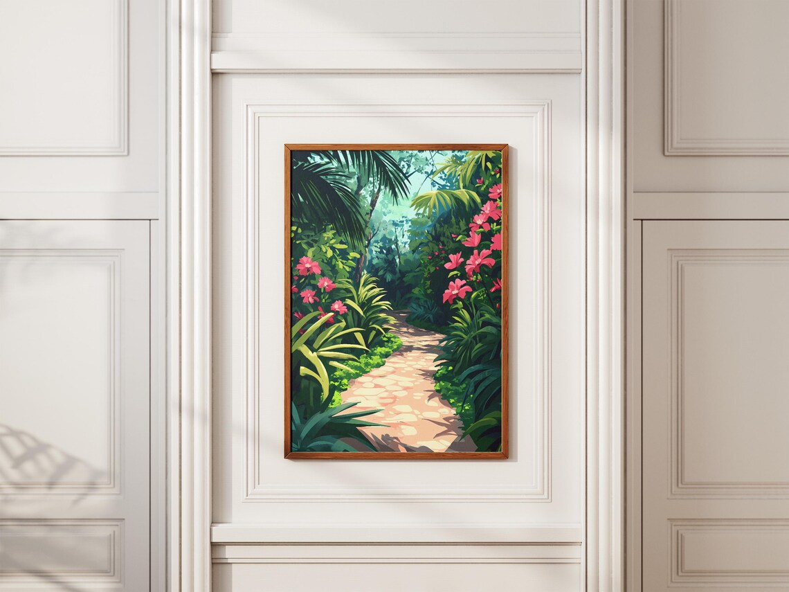 Pink Hibiscus Jungle Path Poster in a Tropical Green Paradise Scene - Image 2