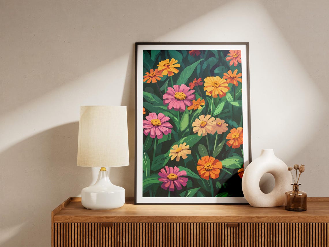 Vibrant Zinnia Garden Pink Orange Summer Blooms Floral Poster - Image 5