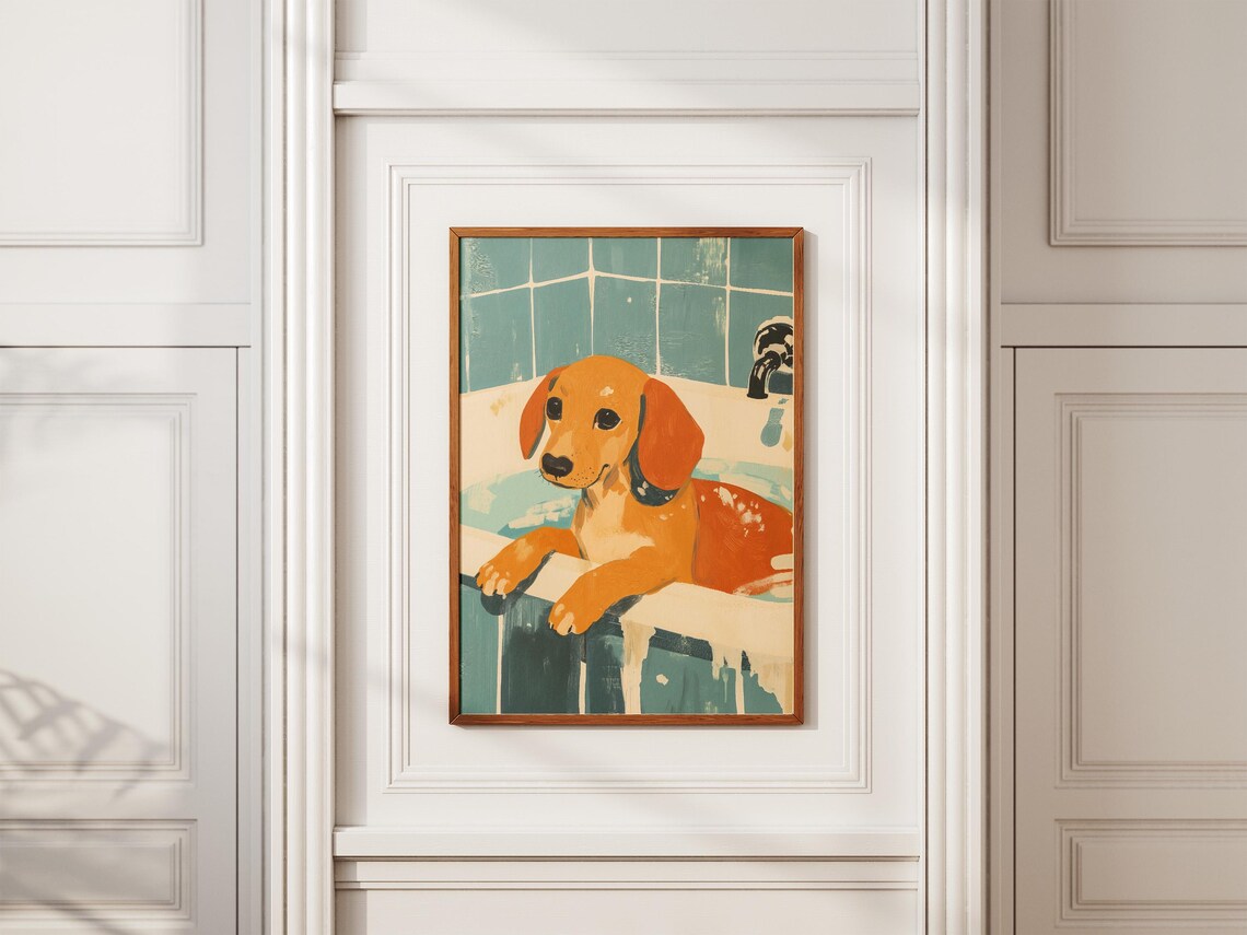 Dachshund Puppy in Bathtub Bubble Bath Cute Bathroom Dog Art Poster - Image 2