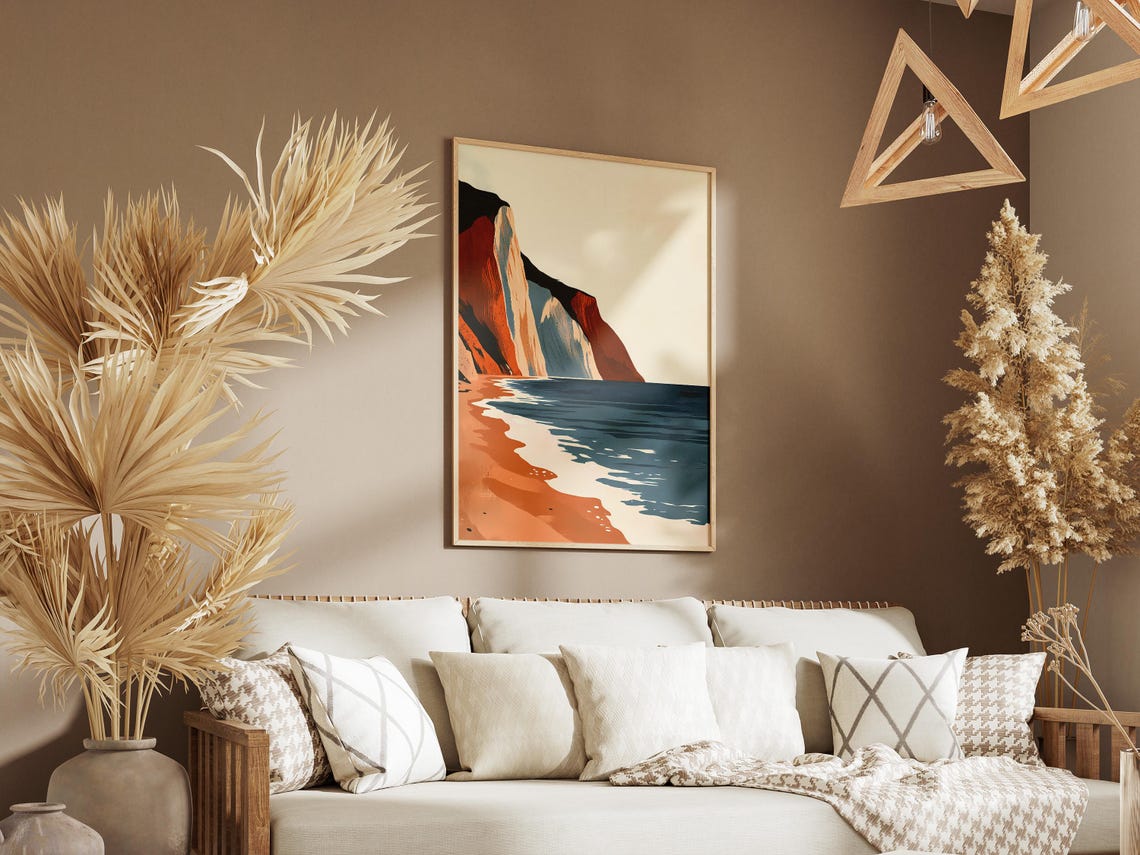 Rust Orange Coastal Cliffs with Sandy Beach and Blue Sea Poster - Image 3