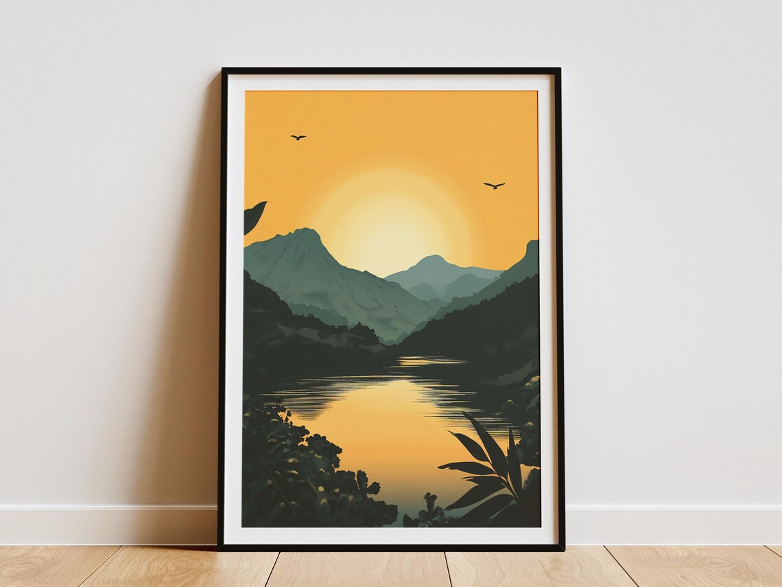 Golden Sunset Mountain Lake Silhouettes Birds Serene Nature Poster