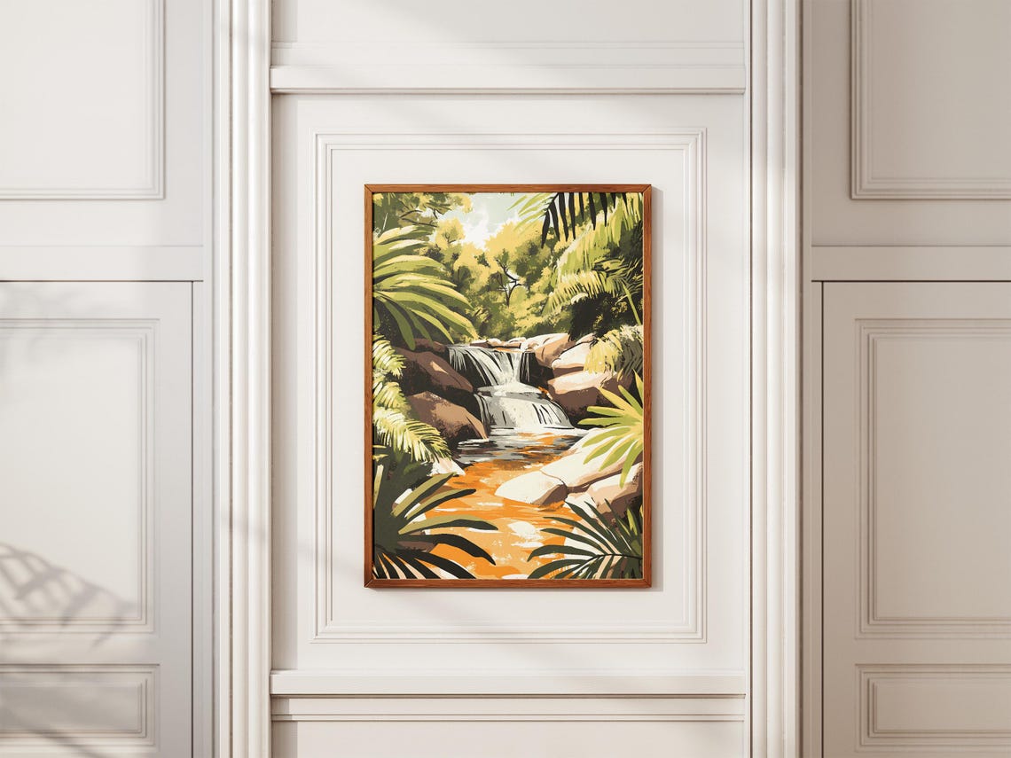 Jungle Waterfall Between Palms and Rocks Tropical Art Poster - Image 2