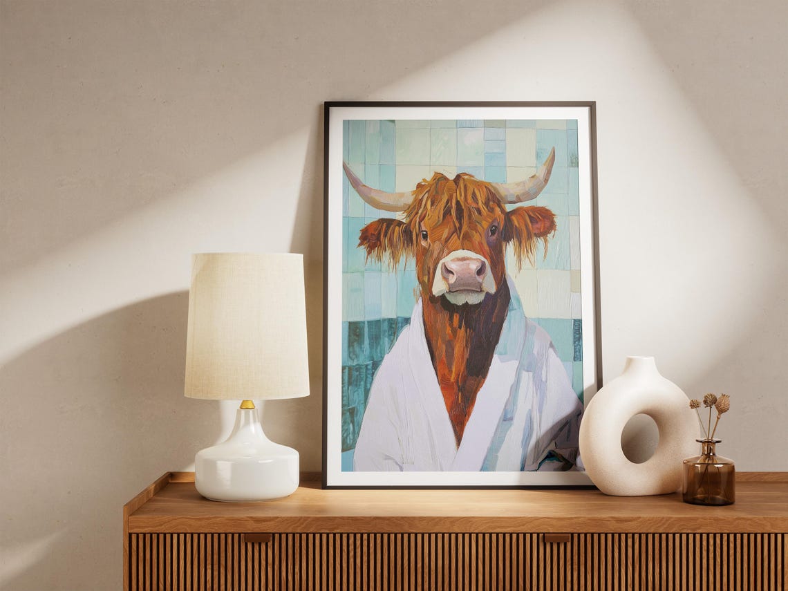 Highland Cow Wearing White Bathrobe Teal Tile Bathroom Poster - Image 5