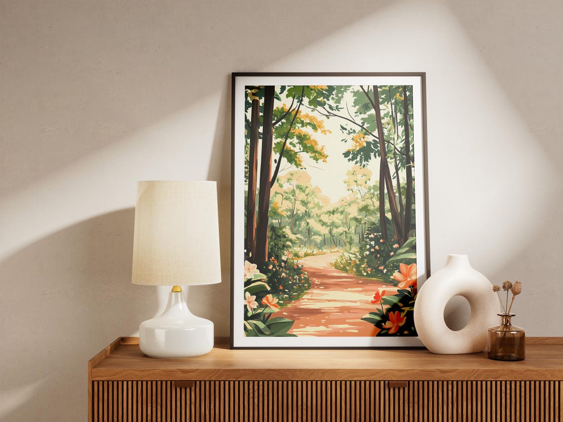 Sunlit Forest Path Lined With Orange Blossoms And Leaves Poster - Image 5
