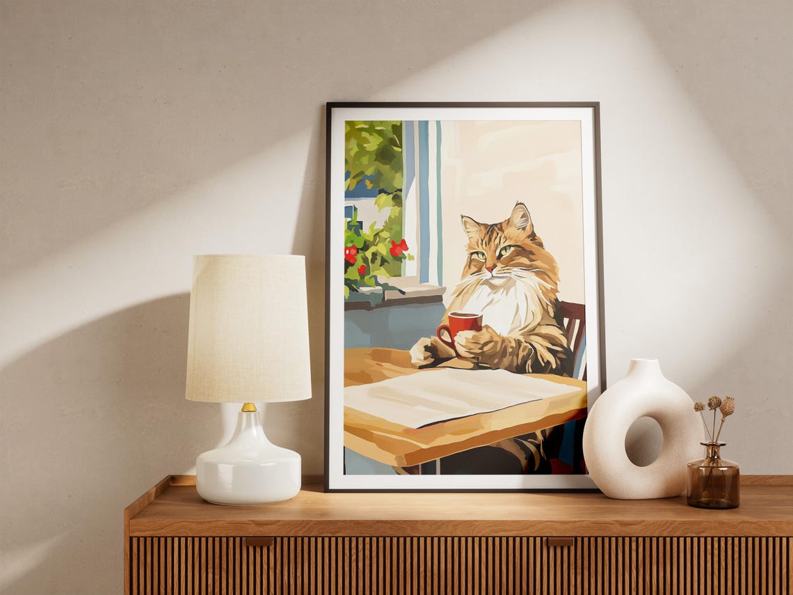 Fluffy Maine Coon Cat Holding a Red Mug at Window Cafe Poster - Image 4
