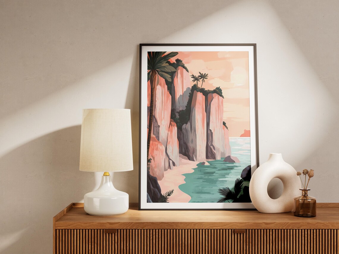 Pink Cliffs And Palm Cove With Turquoise Sea Tropical Poster - Image 5