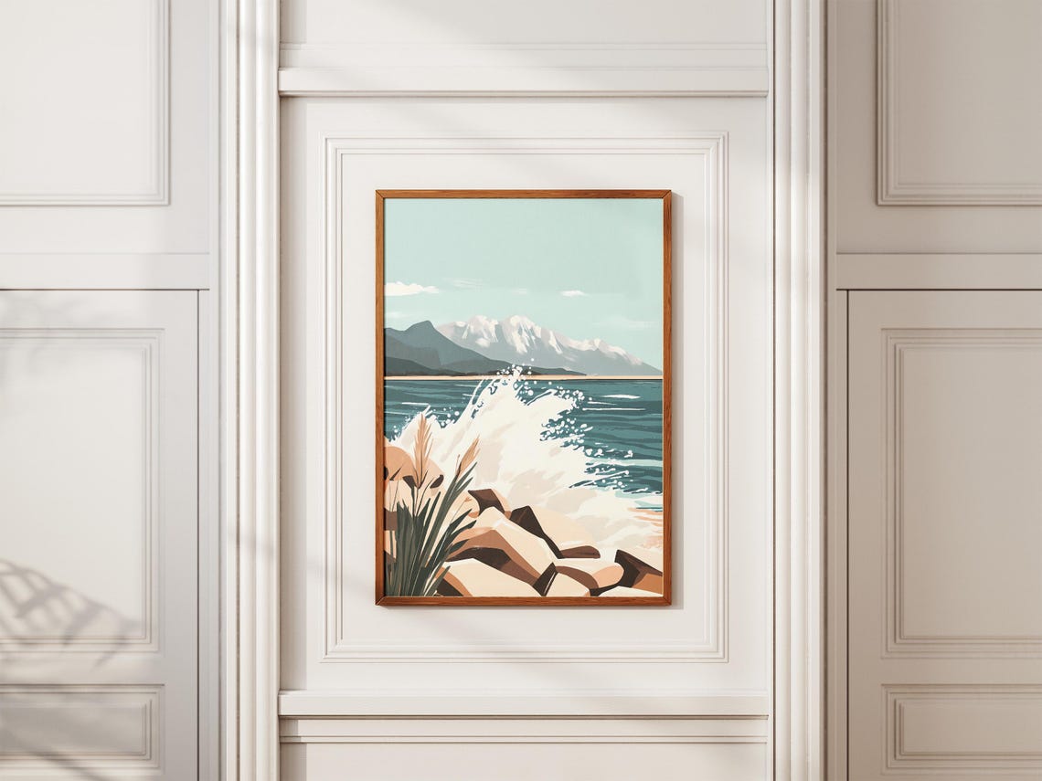 Ocean Wave Crashing Rocky Shore Snowy Mountains Scene Poster - Image 2