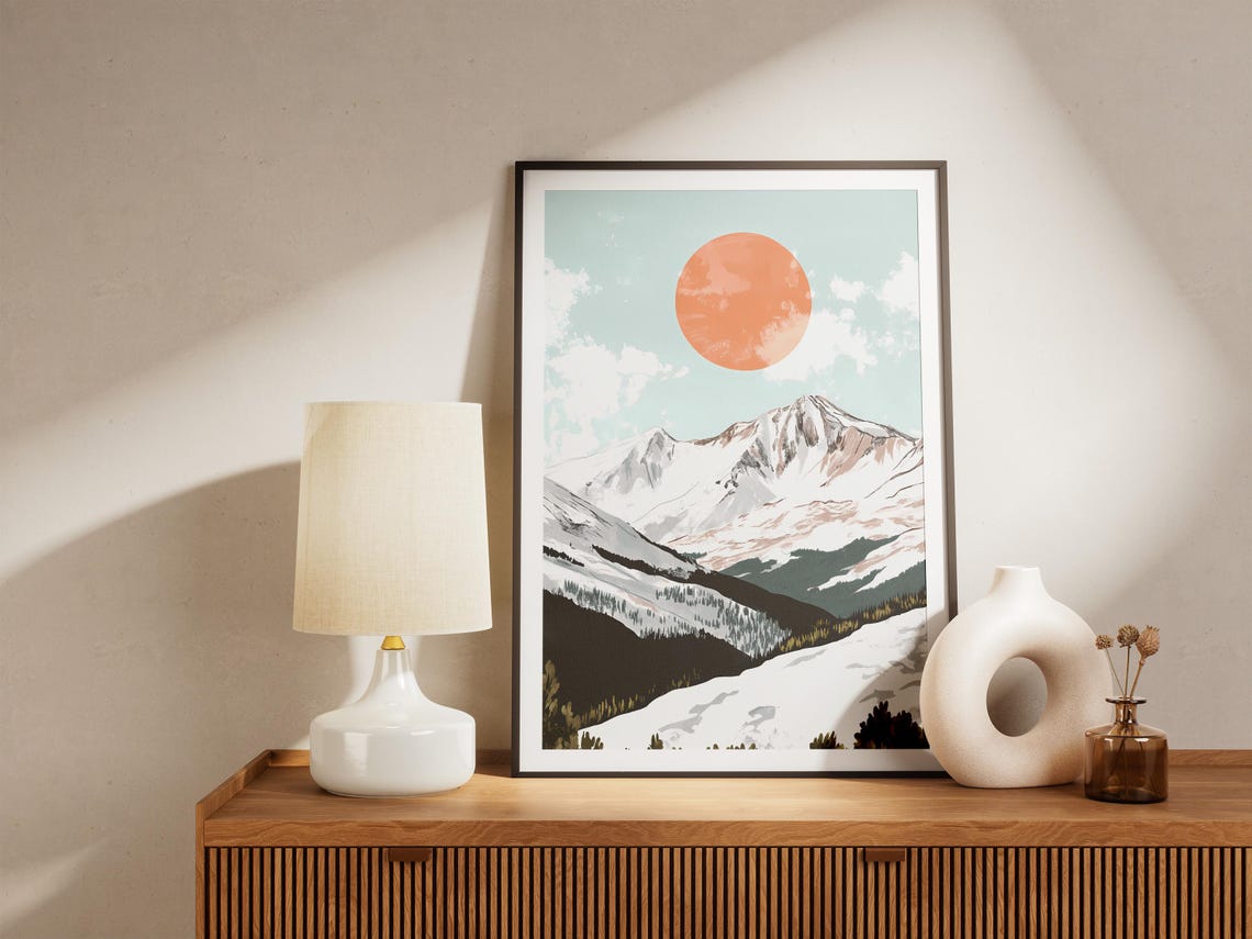 Minimalist Snowy Mountain Range With Orange Sun Landscape Poster - Image 5