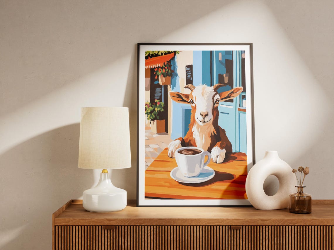 Smiling Goat with Coffee at a Sunny Mediterranean Street Cafe Poster - Image 4
