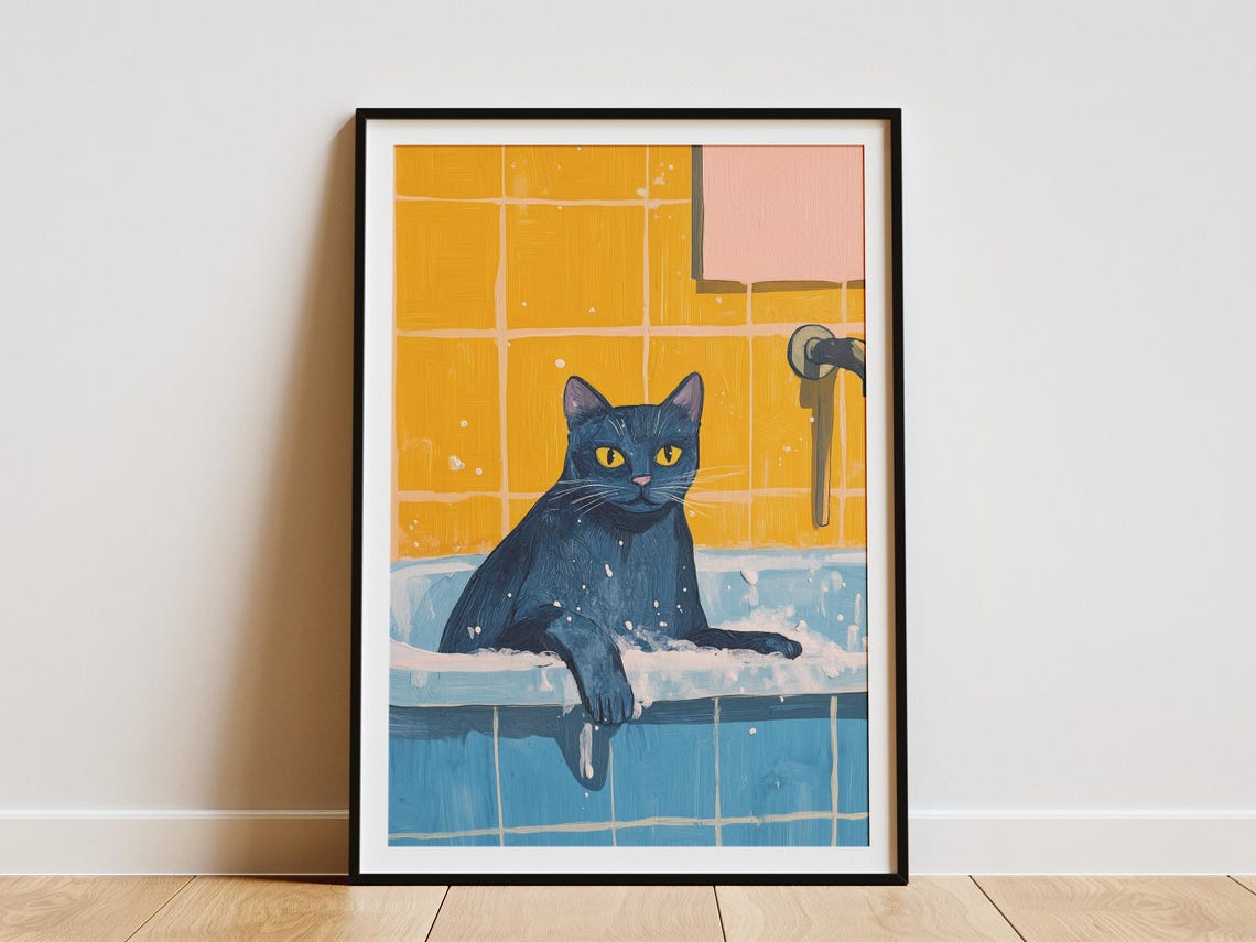 Russian Blue Cat In Bathtub Bathroom Poster Print